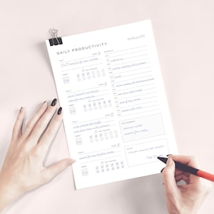 May include: A daily productivity planner with a checklist for tasks and a section for notes. The planner is dated March 22, 2023. The text "DAILY PRODUCTIVITY" is at the top of the page.