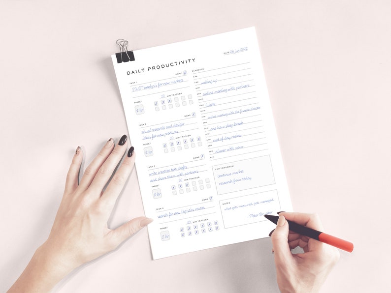 May include: A daily productivity planner with a checklist for tasks and a section for notes. The planner is dated March 22, 2023. The text "DAILY PRODUCTIVITY" is at the top of the page.