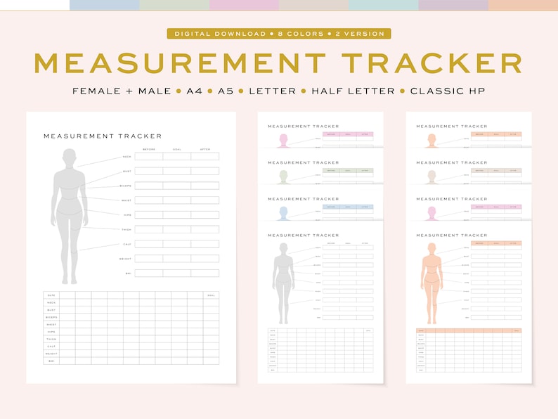 May include: Printable measurement tracker with a body outline and a grid for recording measurements. The tracker is available in 8 colors and 2 versions.