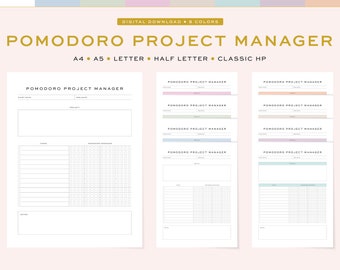 Printable Pomodoro Project Manager, Fillable | Pomodoro Project Planner and Tracker | 5 Sizes, A4, A5 & US Letter, Half Letter, Classic HP