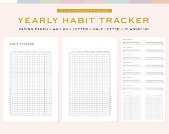 Printable Yearly Habit Tracker / Planner - 2 Pages | Personal Habit Tracker | 5 Sizes, A4, A5 & US Letter, Half Letter, Classic HP