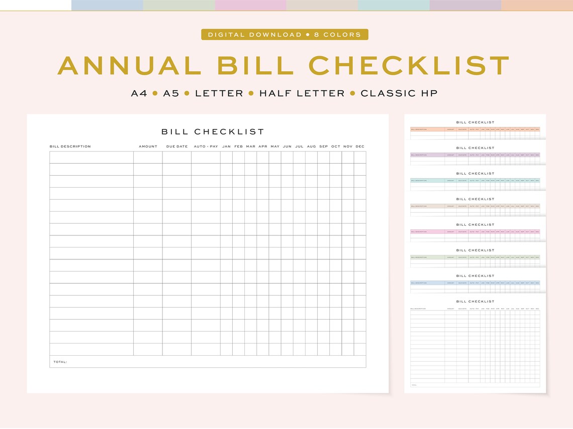 Printable Bill Checklist, Fillable Yearly Bill Checklist 5 Sizes, A4 ...