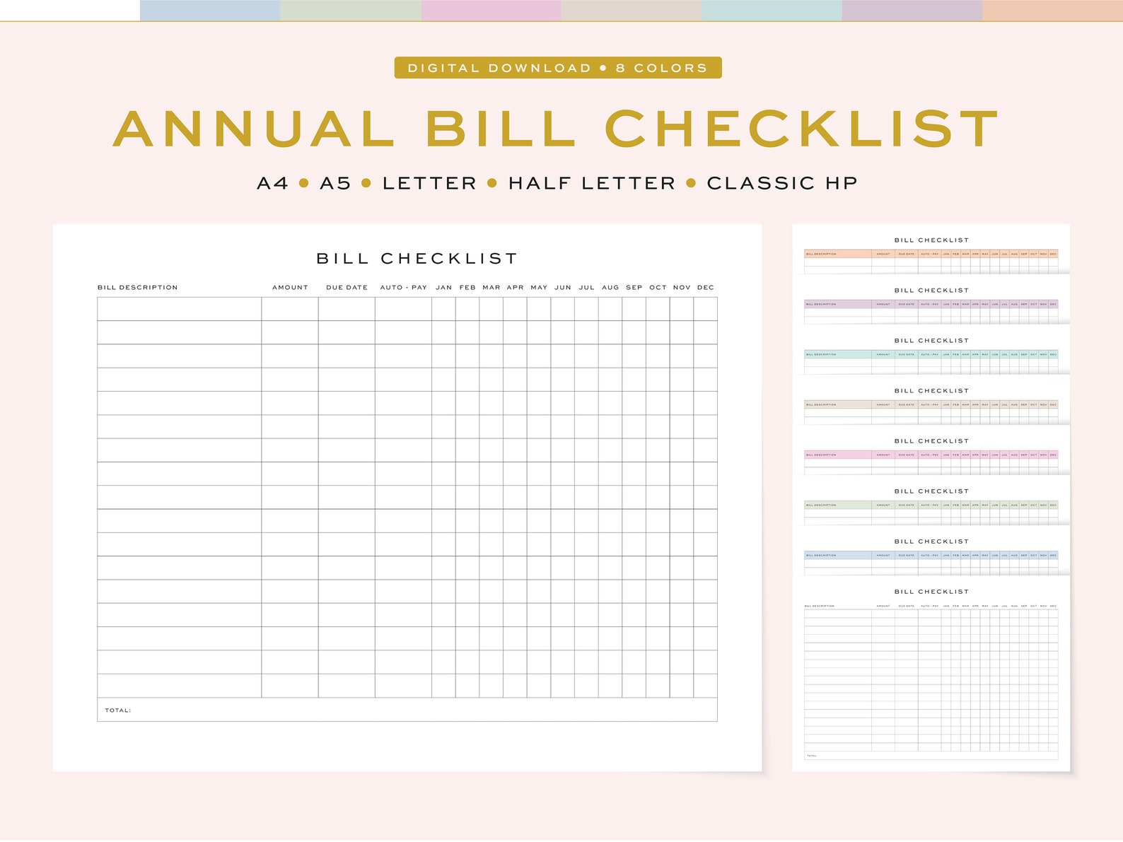 Printable Bill Checklist, Fillable | Yearly Bill Checklist | 5 Sizes ...