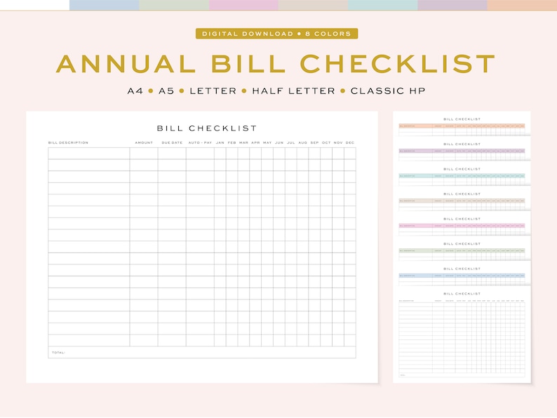 Printable Bill Checklist, Fillable | Yearly Bill Checklist | 5 Sizes ...