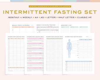 Printable Intermittent Fasting Planner | IF Diet Planner Set, Fasting Tracker Set | 5 Sizes, A4, A5 & US Letter, Half Letter, 8 Colors