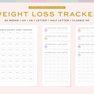 Printable Weight Loss Tracker, befüllbar | 52 Wochen Weight Loss Tracker / Planer | 4 Größen, A4, A5 & US Letter, Half Letter, Classic HP