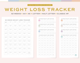 Printable Weight Loss Tracker, Fillable | 52 Weeks Weight Loss Tracker / Planner | 4 Sizes, A4, A5 & US Letter, Half Letter, Classic HP