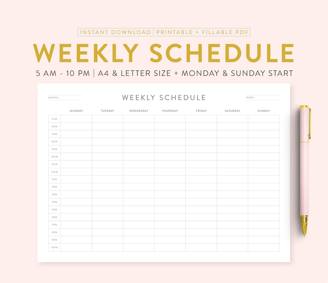 Printable Weekly Schedule Fillable 5 AM 10 PM Personal | Etsy UK