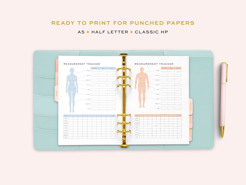 May include: Printable measurement tracker pages for a planner or notebook. The pages feature a body outline with lines for recording measurements. The pages are designed for use with punched papers and are available in A5, half letter, and classic HP sizes.
