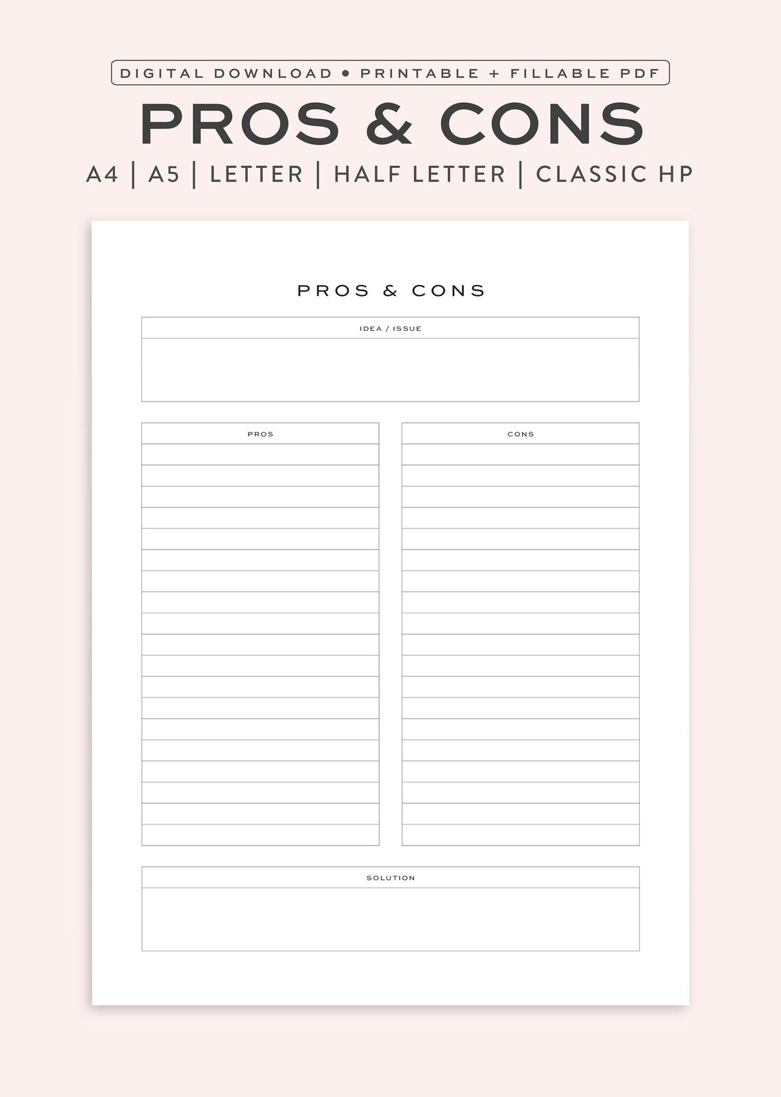 Printable Pros Cons List Fillable Pros and Cons Idea - Etsy UK