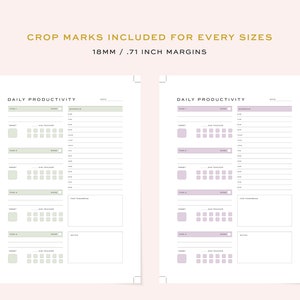 May include: Two printable daily productivity planner pages with a light green and light purple color scheme. Each page has a section for tasks, a to-do list, and a schedule. The text "DAILY PRODUCTIVITY" is at the top of each page.