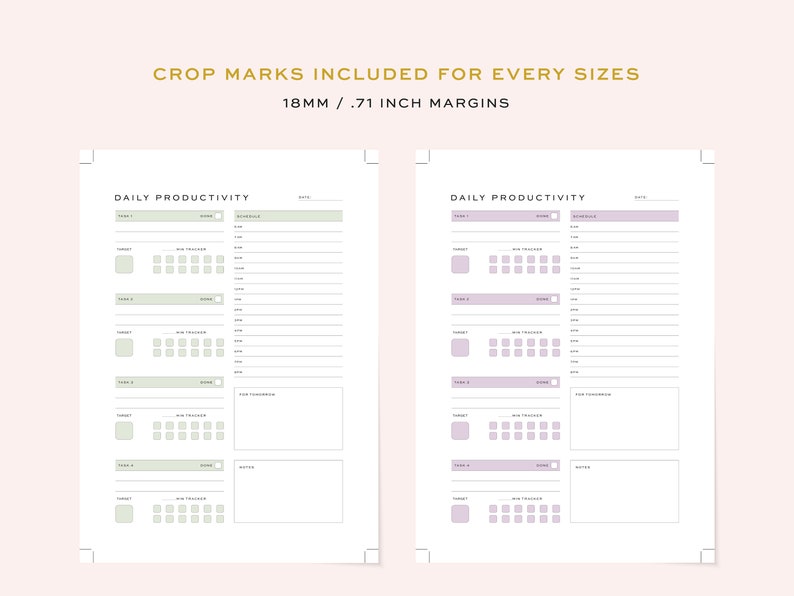 May include: Two printable daily productivity planner pages with a light green and light purple color scheme. Each page has a section for tasks, a to-do list, and a schedule. The text "DAILY PRODUCTIVITY" is at the top of each page.