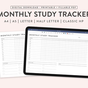Pode incluir: Um rastreador de estudo mensal em PDF digital, imprimível e preenchível. O rastreador é exibido em um tablet e em uma folha impressa. O texto na imagem diz "MONTHLY STUDY TRACKER" e inclui opções de tamanho: A4, A5, Letter, Half Letter e Classic HP.