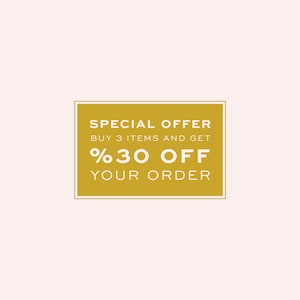 Pu&ograve; includere: Un rettangolo dorato con un bordo bianco e testo bianco che dice "SPECIAL OFFER BUY 3 ITEMS AND GET %30 OFF YOUR ORDER".