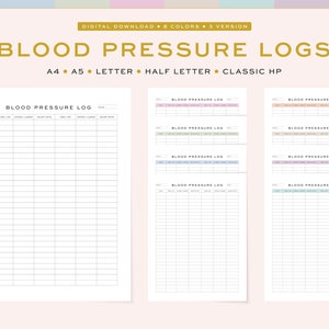 May include: Printable blood pressure log templates in eight different colors. The templates are available in three sizes: A4, A5, and Letter. The text "BLOOD PRESSURE LOG" is at the top of each template.
