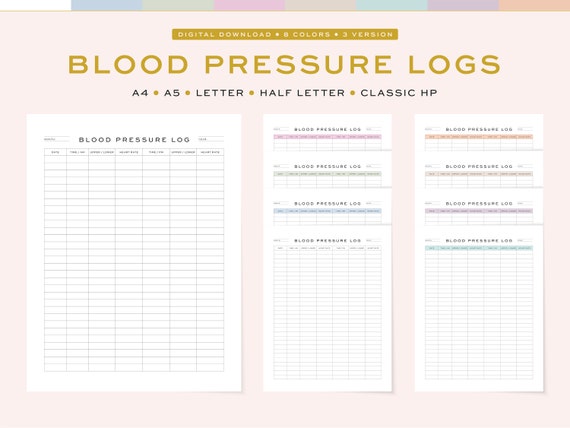 Printable Blood Pressure Log / Tracker, Fillable | Daily / Weekly / Monthly Blood Pressure Logs | 5 Sizes, A4, A5 & US Letter, Half, HP