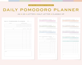 Printable Pomodoro Planner, Fillable | Daily Pomodoro Work and Study Session Planner | 5 Sizes, A4, A5 & US Letter, Half Letter, Classic HP