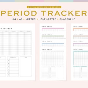 May include: Printable period tracker in 8 different colours. The tracker includes a calendar grid, a section for noting symptoms, and a notes section. The tracker is available in A4, A5, Letter, Half Letter, and Classic HP sizes.