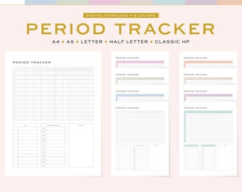 Printable Period Tracker | Yearly Menstruation Cycle Tracker / Planner | 5 Sizes, A4, A5 & US Letter, Half Letter, Classic HP