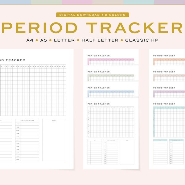 Printable Period Tracker | Yearly Menstruation Cycle Tracker / Planner | 5 Sizes, A4, A5 & US Letter, Half Letter, Classic HP