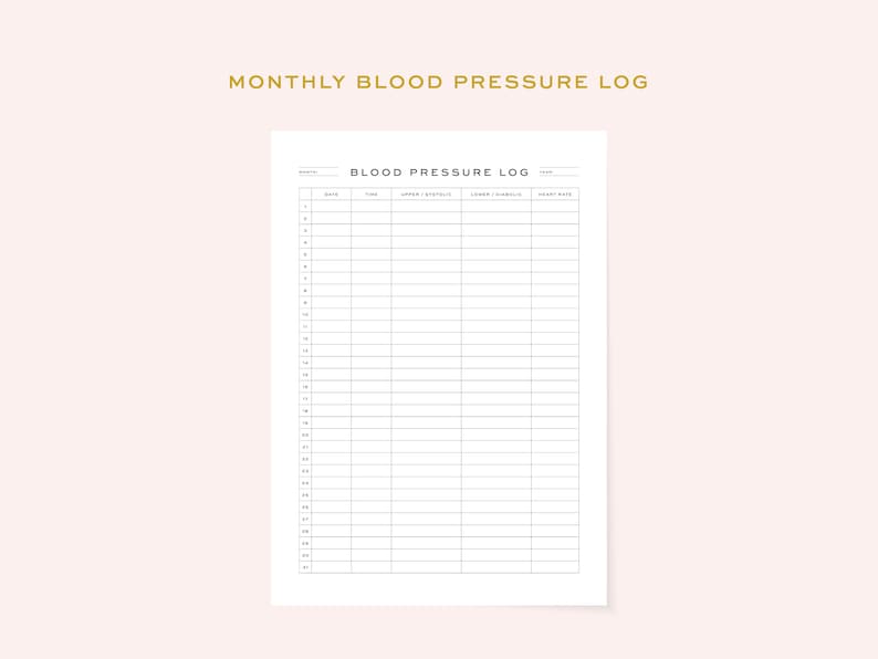 May include: A printable blood pressure log with columns for date, time, upper/systolic, lower/diastolic, and heart rate.