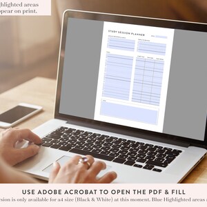Peut inclure: Un ordinateur portable affichant un planificateur de session d'&eacute;tude imprimable. Le planificateur comporte des sections pour la date, l'heure, le sujet et les notes. Le texte "STUDY SESSION PLANNER" est en haut de la page. Le texte "USE ADOBE ACROBAT TO OPEN THE PDF & FILL" est en bas de la page.