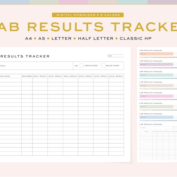 Tracker dei risultati di laboratorio stampabili / Grafico annuale dei risultati di laboratorio, Documenti di laboratorio / 4 dimensioni, A4, A5 e Lettera USA, Mezza lettera, 8 colori