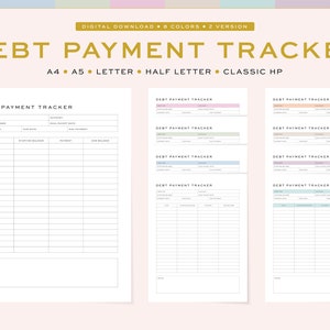 Rastreador de pagamento de dívidas para impressão, preenchível - 2 layouts - 5 tamanhos, A4, A5 e carta dos EUA, meia carta, HP clássico