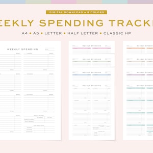 Può includere: Tracker di spesa settimanale stampabile in otto colori diversi. Il tracker include sezioni per le spese giornaliere, il budget settimanale e le spese totali.