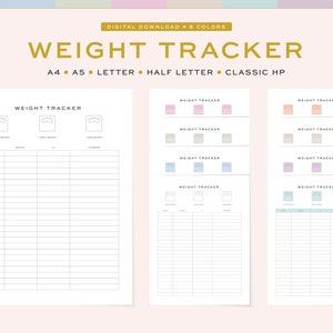 Afdrukbare gewichtstracker, invulbaar | Gewichtstracker voor mannen en vrouwen | 5 formaten, A4, A5 en US Letter, Half Letter, Klassiek H