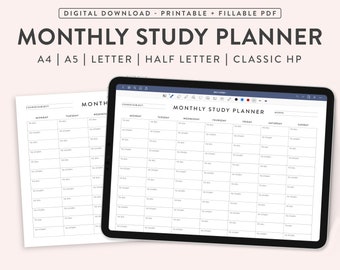 Printable Monthly Study Planner, Minimalist Student Organizer (Digital Download)