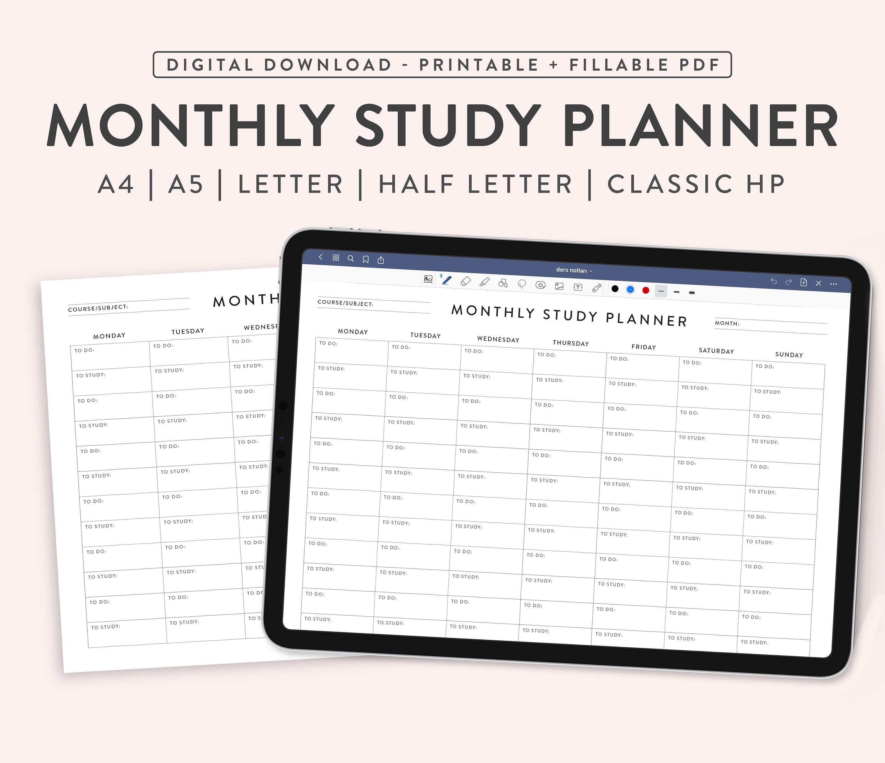 Printable Monthly Study Planner, Monthly Student Organizer, Study  Management & Subjects to Do 5 Sizes, Monday / Sunday Start - Etsy