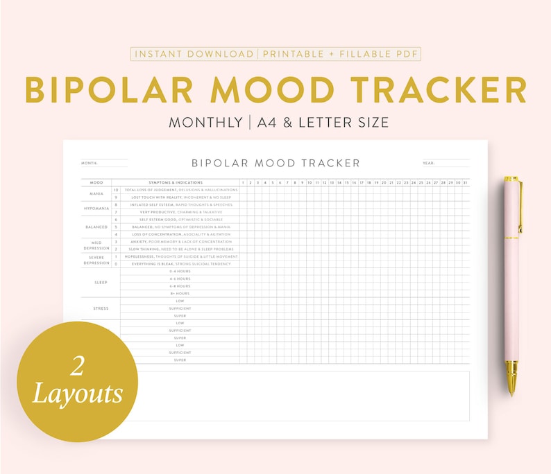 Printable Bipolar Mood Tracker Monthly Bipolar Mood Tracker Etsy