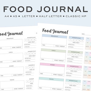 May include: A printable food journal template with sections for breakfast, lunch, dinner, and snacks. Each section includes space to track time, hunger level, meal details, and nutritional information.