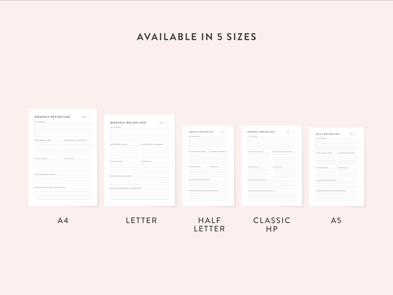 Peut inclure: Cinq tailles diff&eacute;rentes de pages de journal de r&eacute;flexion mensuelle imprimables sont pr&eacute;sent&eacute;es. Les tailles sont A4, Letter, Half Letter, Classic HP et A5.