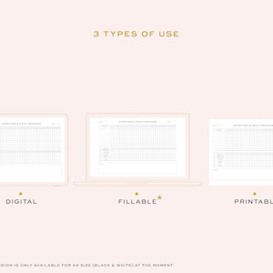 Pu&ograve; includere: Un'illustrazione digitale che mostra tre modi per utilizzare un tracker di sintomi e dolore: digitale, compilabile e stampabile. L'immagine mostra un laptop con il tracker aperto sullo schermo, un tablet con il tracker aperto sullo schermo e una copia stampata del tracker.