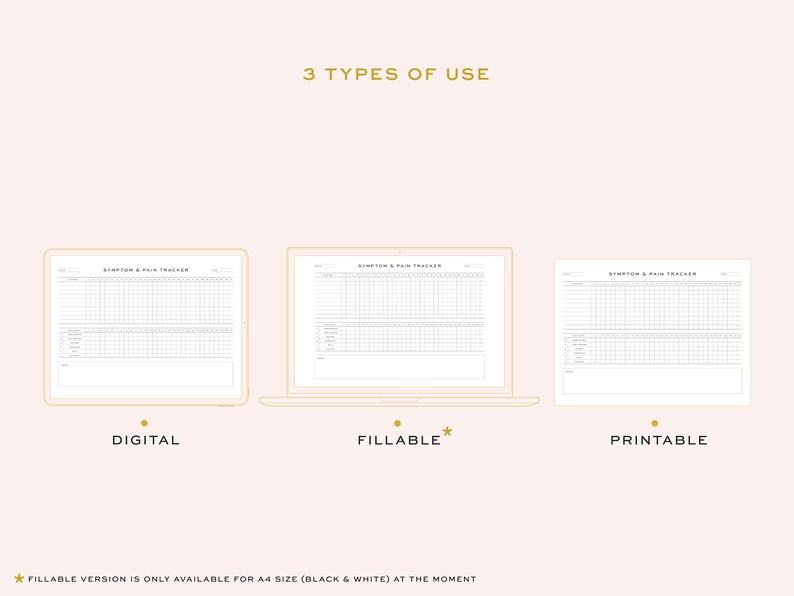 Pu&ograve; includere: Un'illustrazione digitale che mostra tre modi per utilizzare un tracker di sintomi e dolore: digitale, compilabile e stampabile. L'immagine mostra un laptop con il tracker aperto sullo schermo, un tablet con il tracker aperto sullo schermo e una copia stampata del tracker.