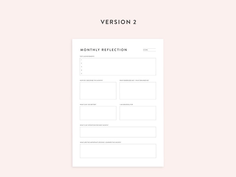 Peut inclure: Une feuille de travail imprimable de r&eacute;flexion mensuelle avec des sections pour les principales r&eacute;alisations, comment maintenir l'&eacute;lan, ce qui vous a surpris, ce que vous avez appris, ce qui peut &ecirc;tre fait mieux, ce pour quoi vous &ecirc;tes reconnaissant, quelle est l'intention pour le mois prochain et quelles sont les le&ccedil;ons importantes apprises ce mois-ci.