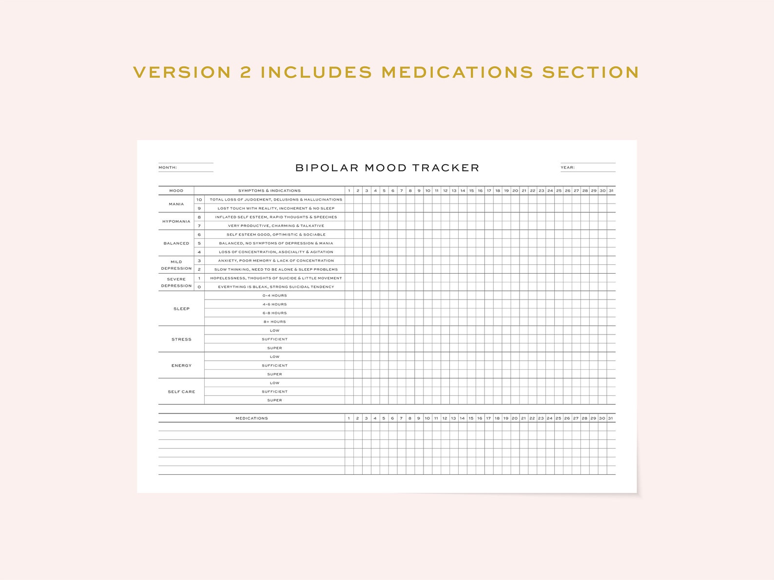 Printable Bipolar Mood Tracker Monthly Bipolar Mood Tracker - Etsy