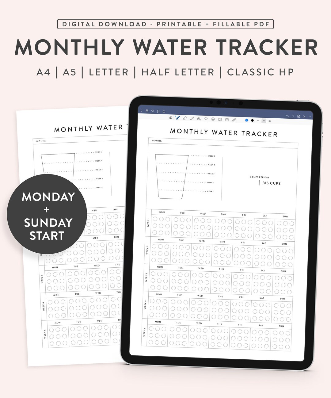 Printable Water Tracker / Reminder Fillable Monthly Water - Etsy UK