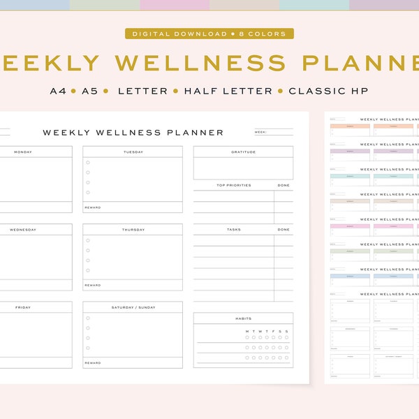 Printable Weekly Wellness Planner, Fillable | Undated Weekly Fitness Wellness Tracker | 5 Sizes, A4, A5 & US Letter, Half Letter, Classic HP