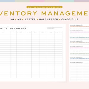 Printable Inventory Management Template, Small Business Inventory Tracker, Online Shop / Retail Inventory Checklist | 5 Sizes, 8 Colors