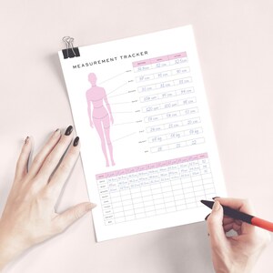 May include: A printable measurement tracker with a pink outline of a body with labeled areas for measuring. The tracker includes a table for recording measurements in inches and centimeters, as well as a section for recording weight in pounds and kilograms.