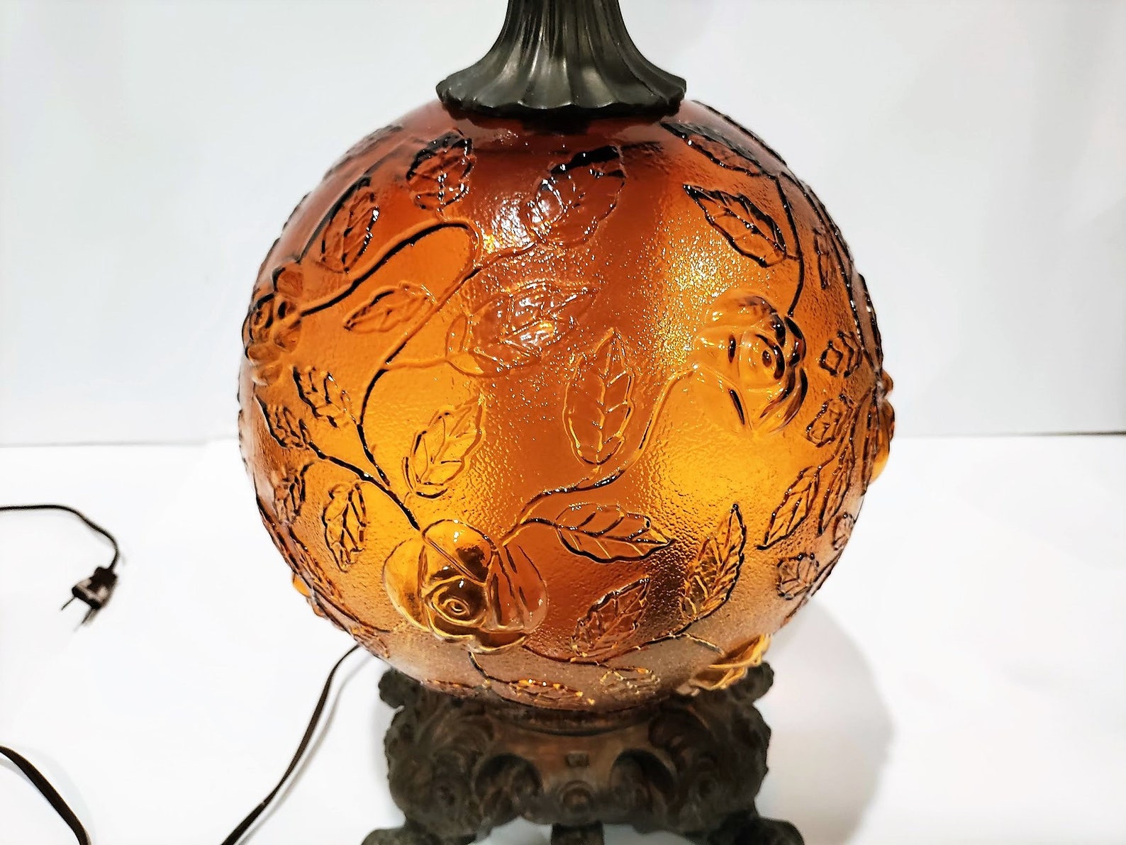 Vintage Amber Rose Globe Lamp Embossed Etsy