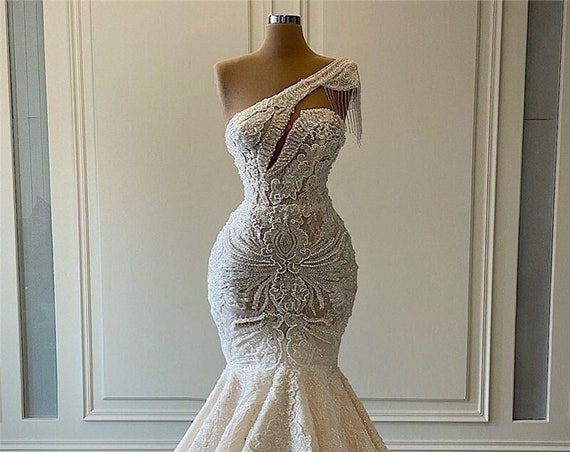 The Fitted Sheath Pearl Beaded Mermaid Wedding Gown