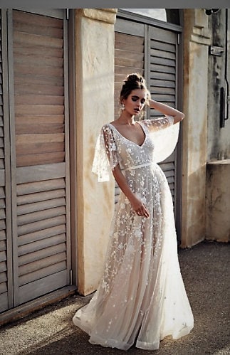 Short sleeve silk store wedding dress