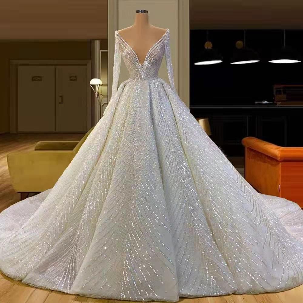 The Deep-v Embroidered Long Sleeve Wedding Ball Gown - Etsy UK