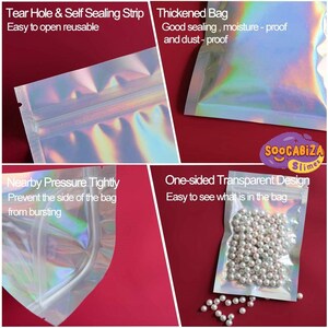 K&ouml;nnte beinhalten: Nahaufnahme von irisierenden, wiederverschlie&szlig;baren Plastikt&uuml;ten mit Rei&szlig;verschluss. Die Beutel sind mit dem Text "Tear Hole & Self Sealing Strip, Easy to open reusable", "Thickened Bag, Good sealing, moisture - proof and dust - proof", "Nearby Pressure Tightly, Prevent the side of the bag from bursting", und "One-sided Transparent Design, Easy to see what is in the bag" beschriftet. Die Beutel werden mit und ohne wei&szlig;en Perlen gezeigt.