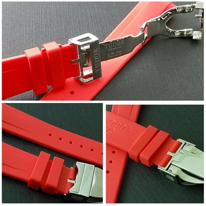 22mm Red Curved End Rubber Watch Band Strap for Tudor with Stainless Steel Folding Deployment Clasp