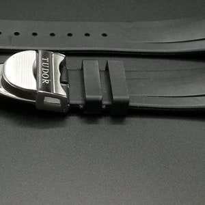 Tudor 20mm 22mm Black Waterproof Curved Rubber Black Bay Watch Band Strap with Stainless Steel Folding Deployment Clasp image 7